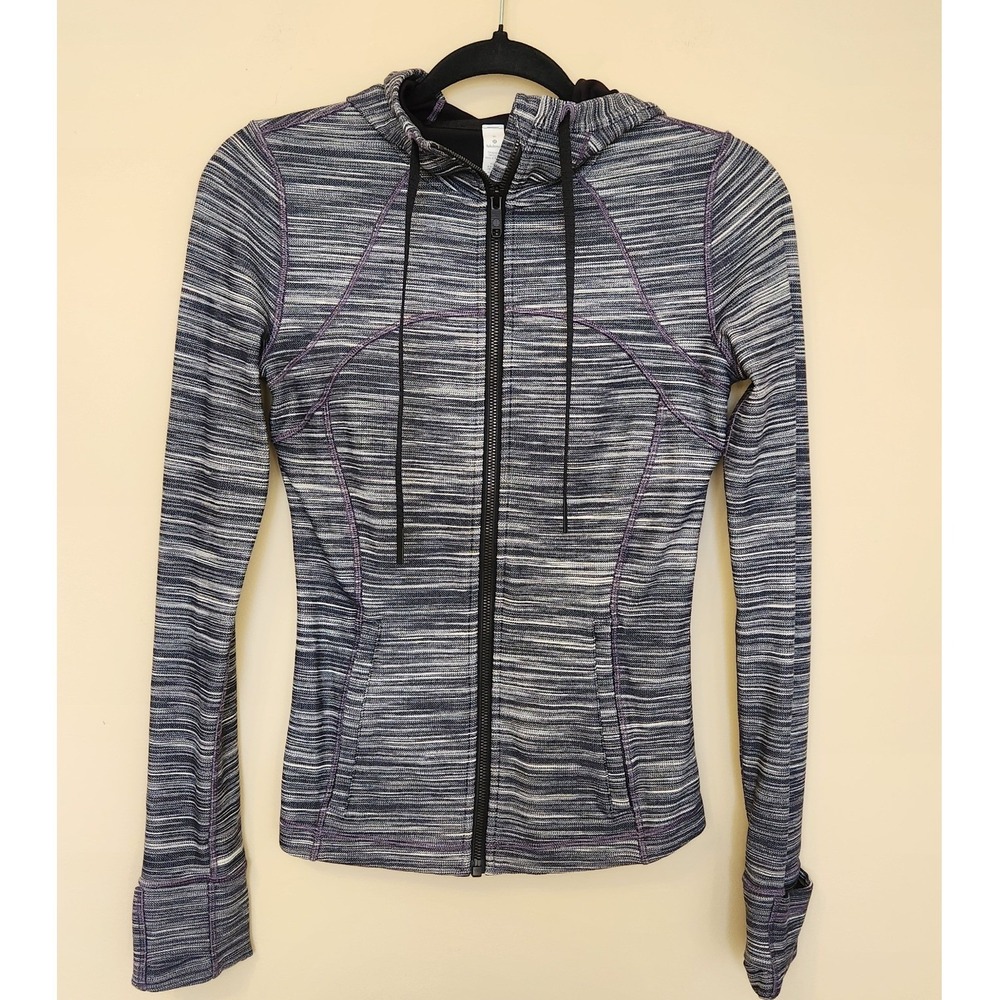 Lululemon Women's Scuba Black Grey Striped Hoodie Logo Full‎ Zip Sz 6